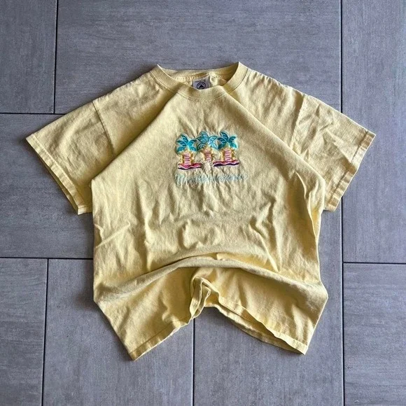 Delta Magnum Weight Mediterranean Palm Tree Embroidered Yellow T-Shirt Mens M - Picture 1 of 6